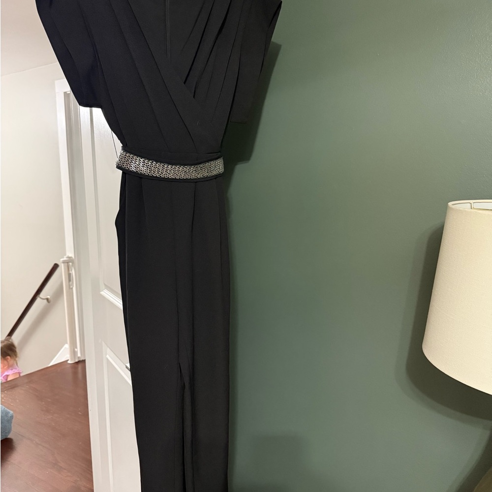 Eliza J Elegant Black Jumpsuit with Metallic Belt